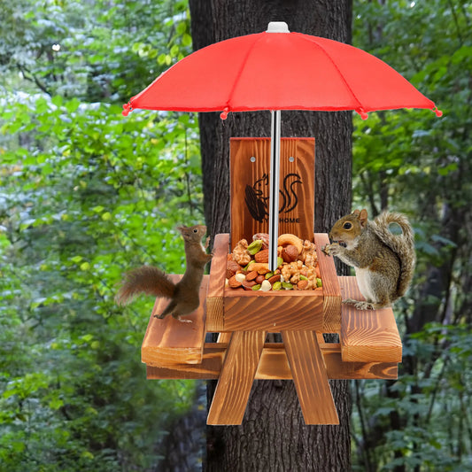Wooden Squirrel Feeder with Picnic Table & Umbrella